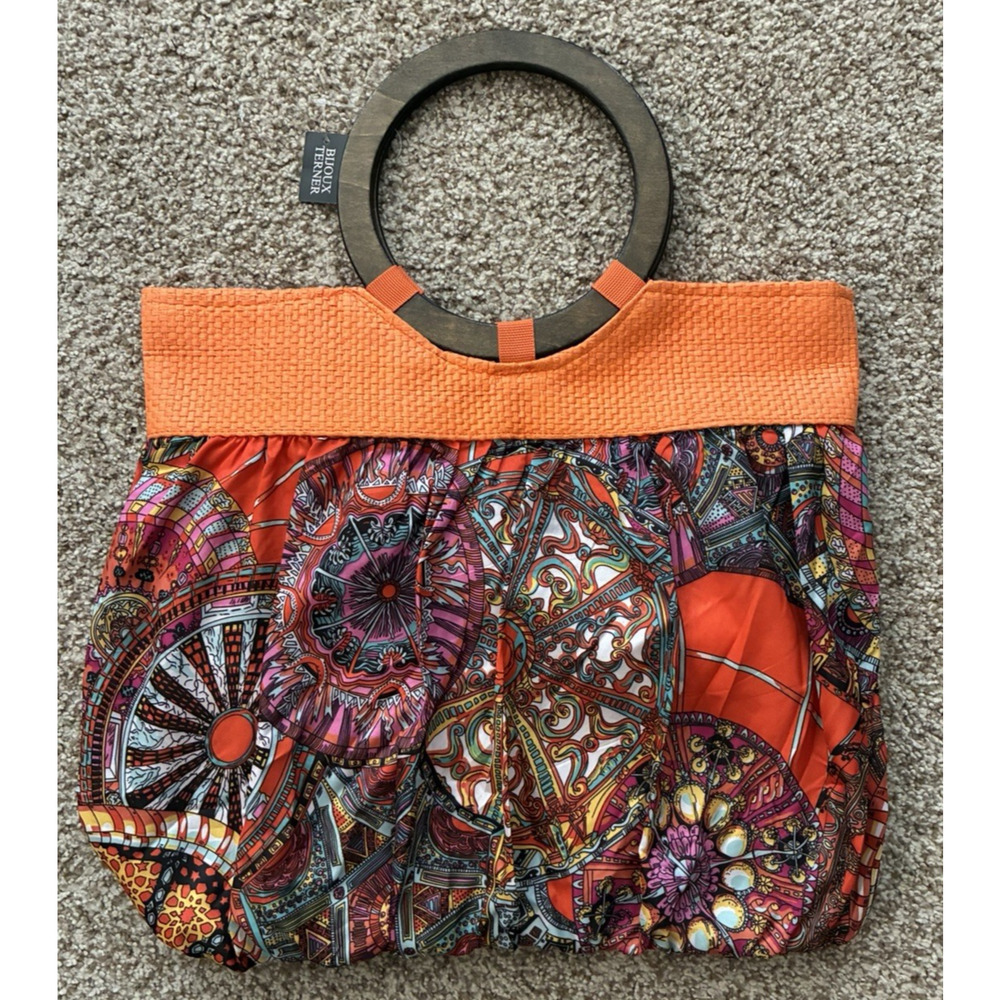 Bijoux Terner Straw Blend Boho Bag Wooden Handle Multicolor